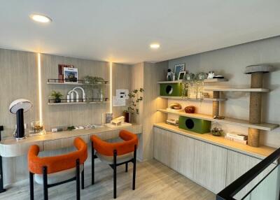 Modern living room with orange chairs and wooden accents