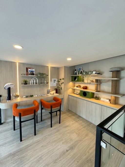 Modern living room with orange chairs and wooden accents