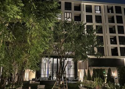 Modern building exterior with garden at night