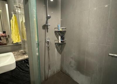 Modern bathroom with gray tiles and walk-in shower