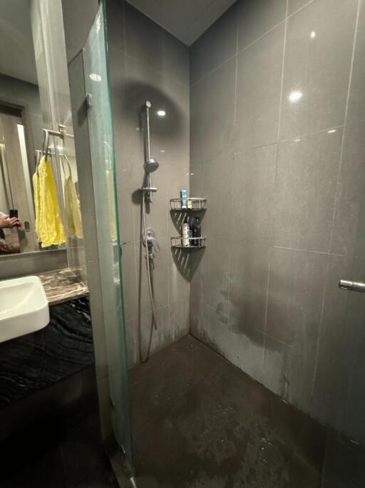 Modern bathroom with gray tiles and walk-in shower