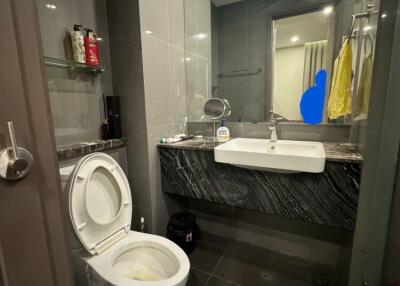 modern bathroom with large mirror and high-end vanity