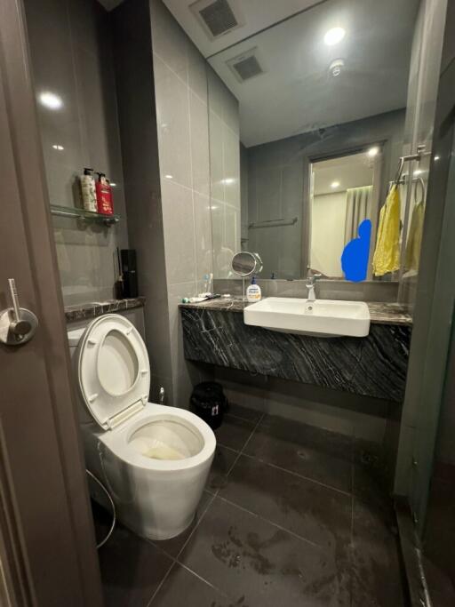 modern bathroom with large mirror and high-end vanity