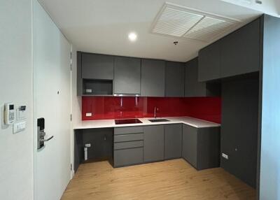 Modern kitchen with dark cabinets and red backsplash