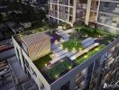 Rooftop garden area of a modern building at night