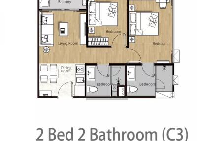 Floor plan of a two bedroom, two bathroom apartment