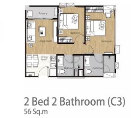 Floor plan of a two bedroom, two bathroom apartment