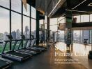 Modern fitness club with city view and exercise equipment