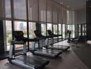 Modern fitness center with treadmills and city view