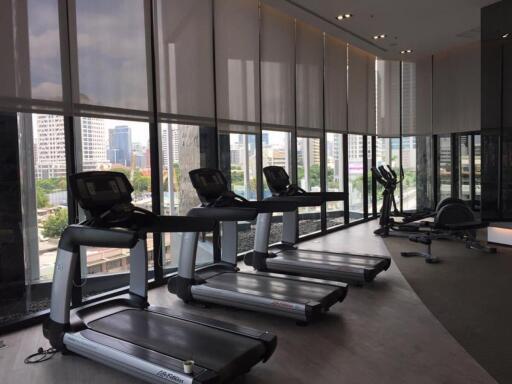 Modern fitness center with treadmills and city view