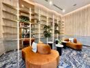 Modern lobby with contemporary seating and decorative shelves