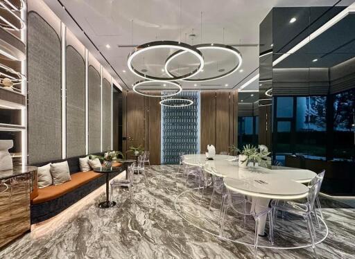 Modern dining area with unique lighting and decorative elements