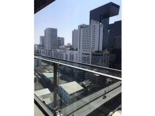 View from the balcony overlooking skyscrapers and city buildings