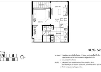 1D apartment floor plan, 34.50 - 34.75 square meters