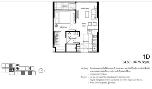 1D apartment floor plan, 34.50 - 34.75 square meters