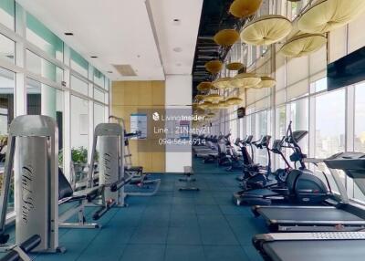 Fully equipped gym with modern exercise machines and large windows