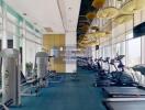 Fully equipped gym with modern exercise machines and large windows