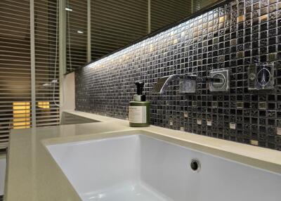 Modern bathroom sink with tiled backsplash