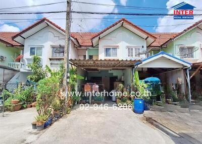 Front view of residential houses with driveways and plants