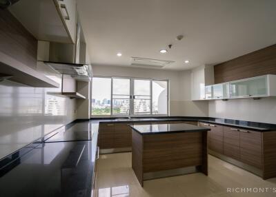 Modern kitchen with island and city view