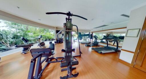 Well-equipped gym with various exercise machines and large windows.