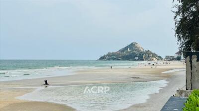 Beachfront view with a scenic mountain in the background