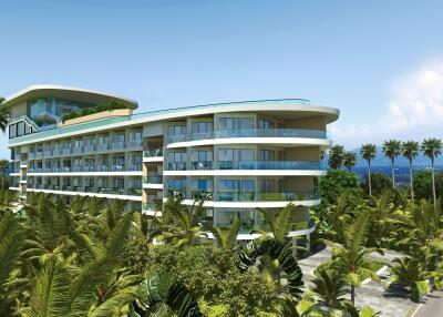 Modern residential building with balconies and lush greenery