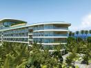 Modern residential building with balconies and lush greenery