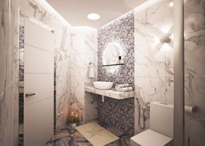 Modern bathroom with marble decor and ambient lighting