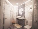 Modern bathroom with marble decor and ambient lighting