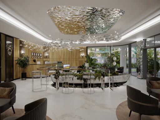 Modern and elegant lobby area with stylish decor and seating