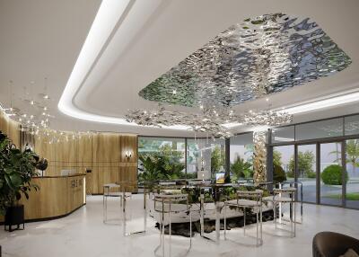 Modern lobby with contemporary decor and greenery