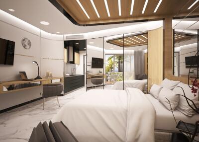 Modern bedroom with attached kitchenette and seating area