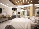 Modern bedroom with attached kitchenette and seating area