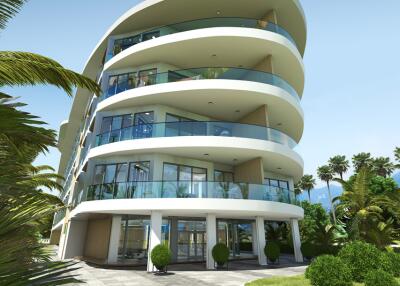 Modern curved apartment building with large windows