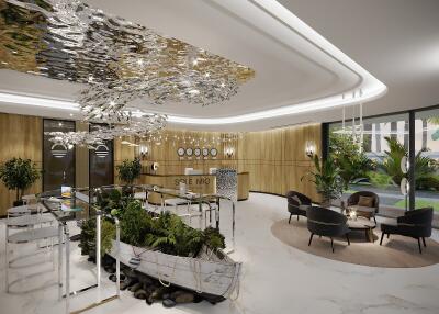 Luxurious lobby with modern decor and indoor plants