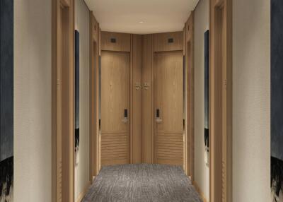 Hallway with multiple doors and carpeting