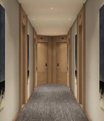 Hallway with multiple doors and carpeting