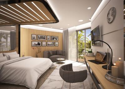 Modern bedroom with natural light and balcony