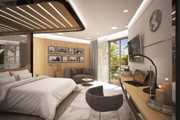 Modern bedroom with natural light and balcony