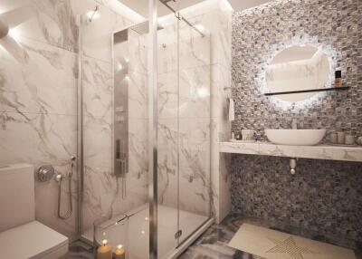 Modern bathroom with marble finishes and walk-in shower