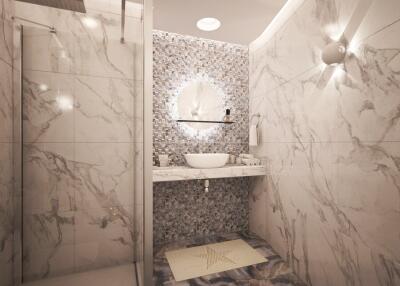 Modern bathroom with marble tiles and walk-in shower