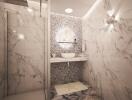 Modern bathroom with marble tiles and walk-in shower