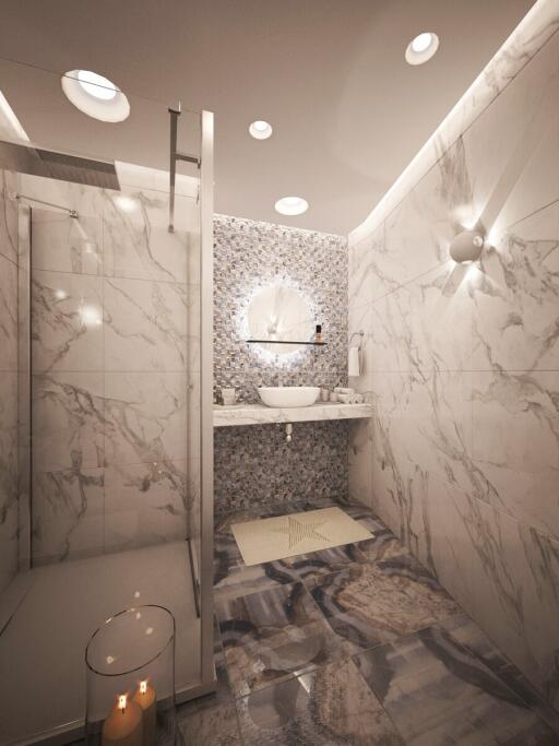 Modern bathroom with marble tiles and walk-in shower