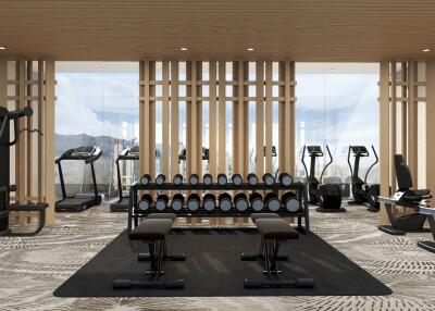 Modern gym with various exercise equipment and a scenic view