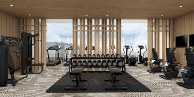 Modern gym with various exercise equipment and a scenic view