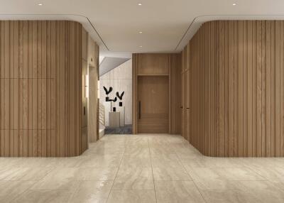 Modern building interior with wooden paneling and decorative elements