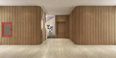 Modern building interior with wooden paneling and decorative elements