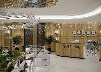 Reception area with modern design, clocks, and greenery