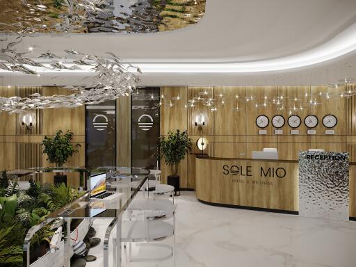 Reception area with modern design, clocks, and greenery